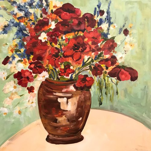 Red Poppies in Brown Vase by Annette Wolters