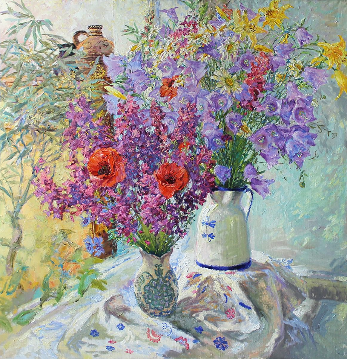 Impressionistic Botanical Oil Painting By Svetlana Koval (Gunchenko), 39 X 39", Summer Flowers. Bells., Original Artwork