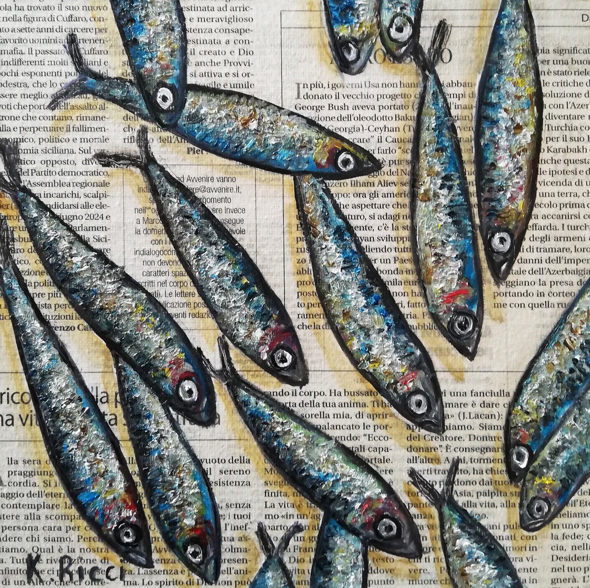 Mixed Anchovies on Newspaper Original Oil on Canvas Board Painting 8 by 8 inches (20x20... by Katia Ricci