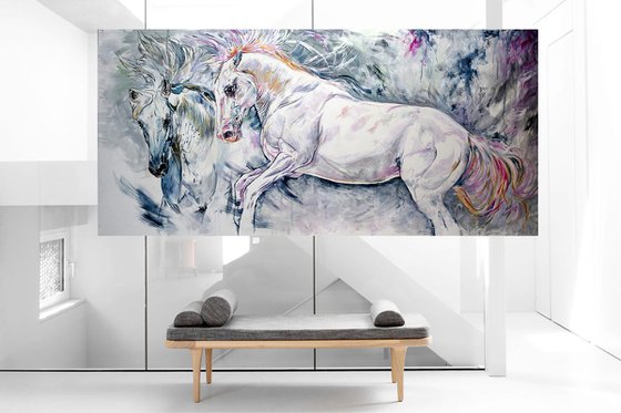 Freedom / Horses 60" x 29" X Large painting / Modern Equine Contemporary