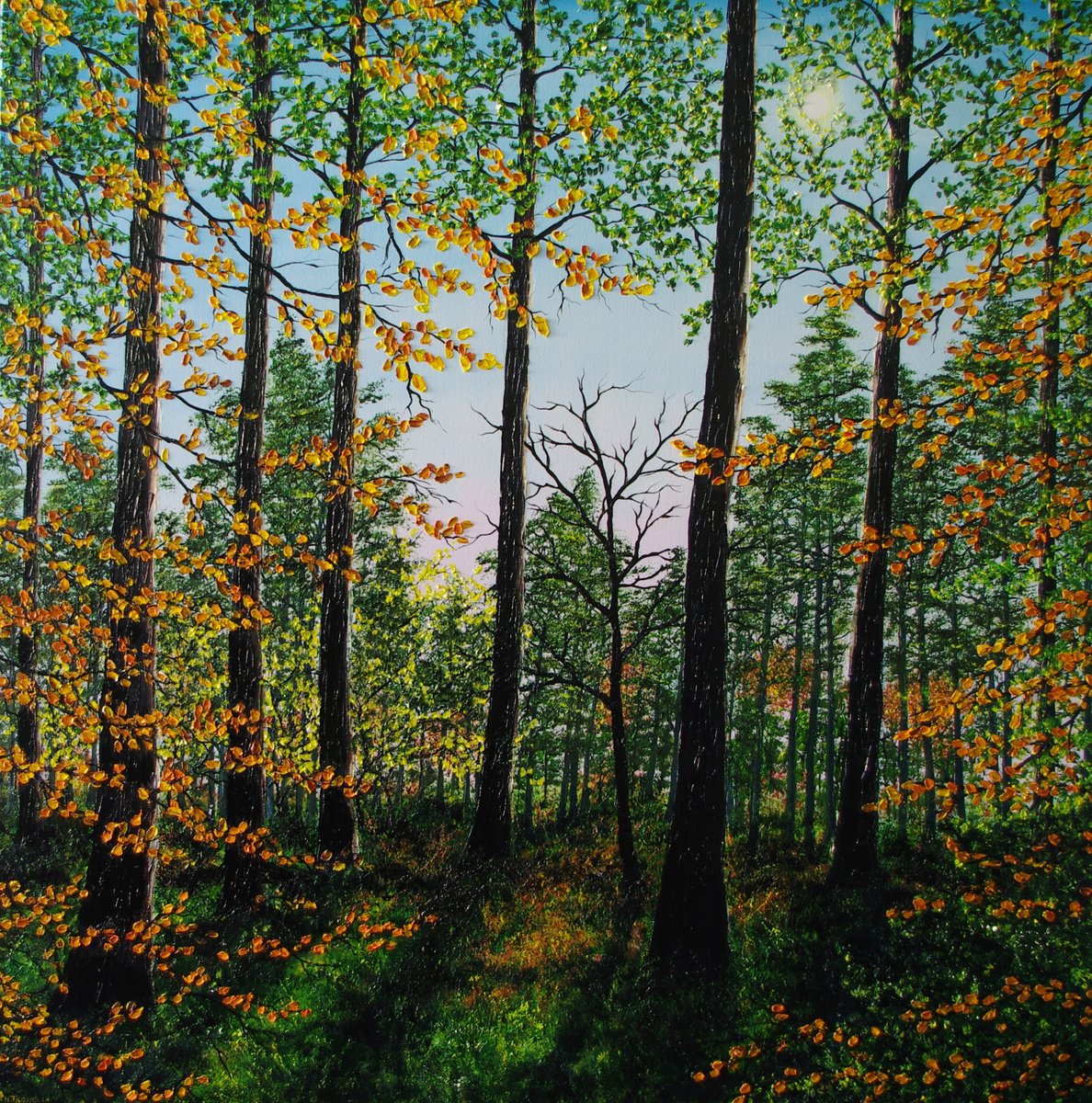 Impressionistic Landscape Oil Painting By Hazel Thomson, 39 X 39, Early Autumn In Delamere, Original Artwork