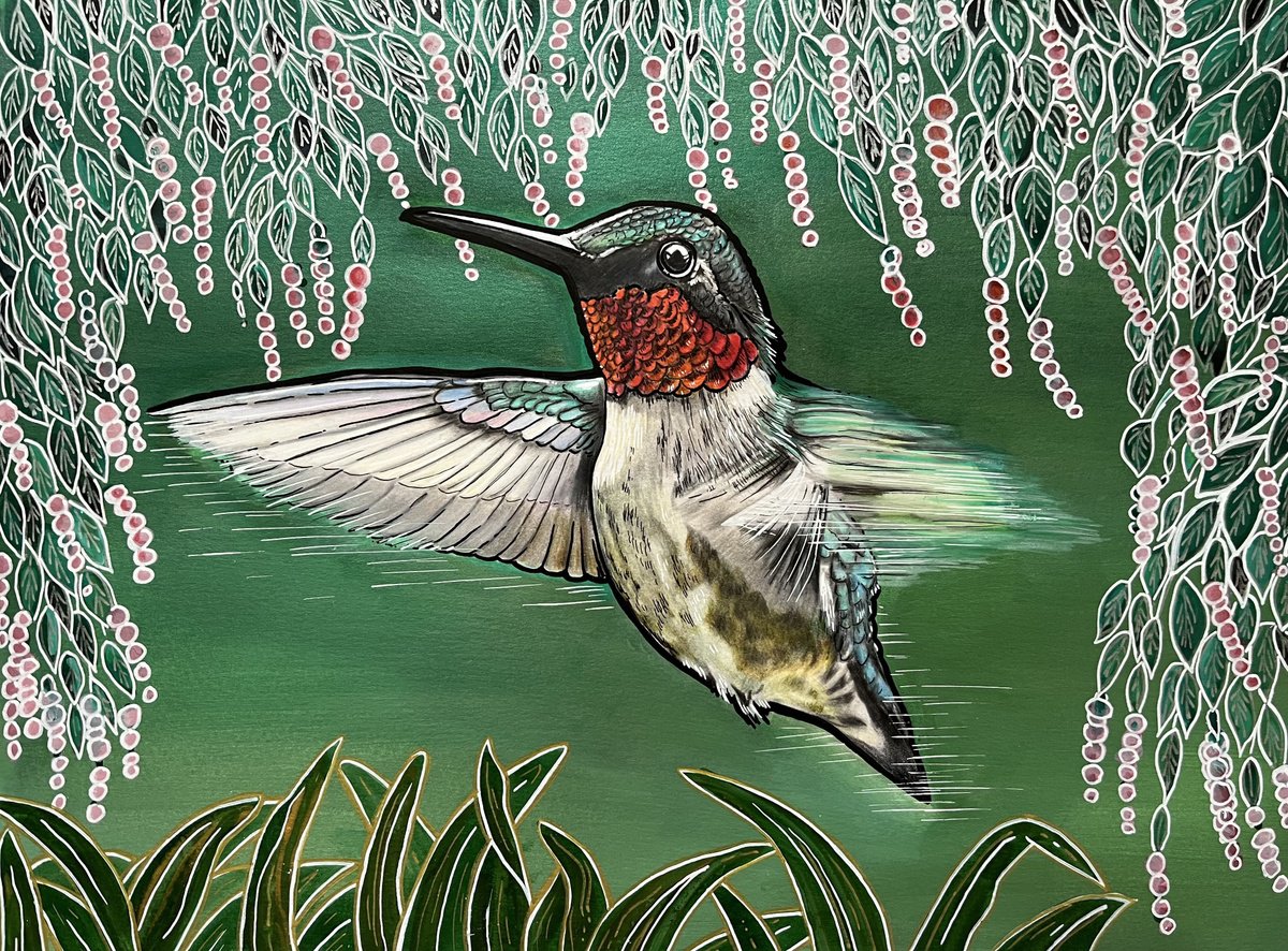 Illustrative Painting , Little Hummingbird 2 By Karen Elaine Evans, 17 X 12, Artwork For Sale On Artfinder