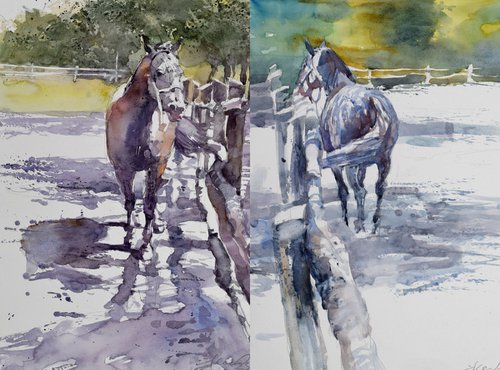 Horse in the yard ( dyptich) by Goran Žigolić Watercolors