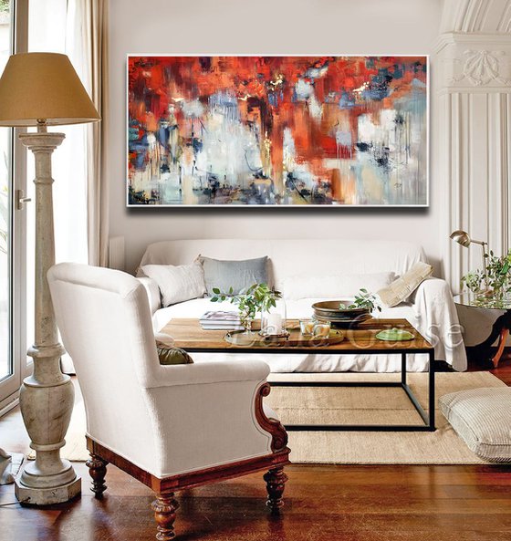 Turn Over - Extra Large Abstract Painting 80" x 40" , Oversize Canvas, Red, Gray, Gold Leaf Soft Colors White Gray Painting