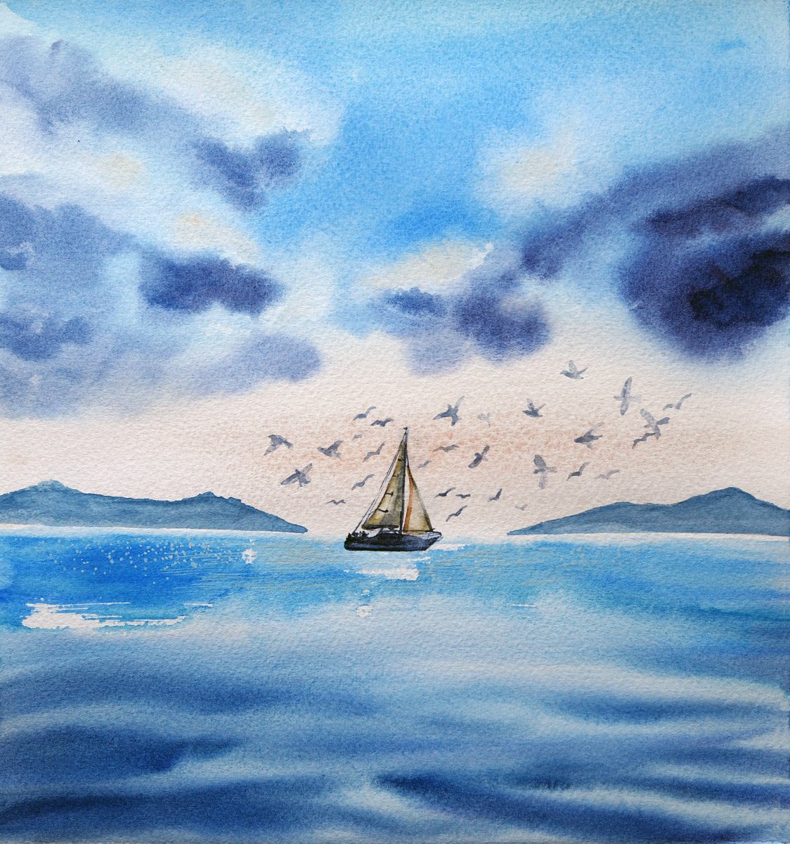 Impressionistic Landscape Watercolour By Delnara El, 10 X 11, Race With Birds, Original Artwork