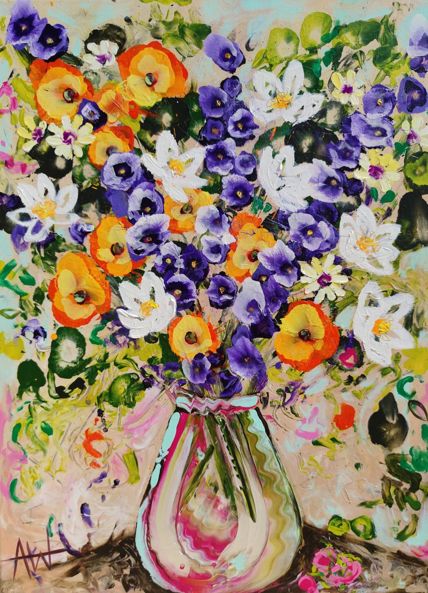 Expressive Botanical Oil Painting By Angie Wright, 21 X 29, Lilies And Larkspur, Original Artwork