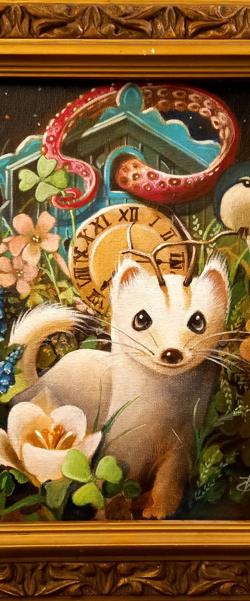 four - leaf clover cuckoo- Original acrylic on canvas framed - 25 x 31 cm / 10 x 12 inches by Valentina Toma' aka Zoe Chigi