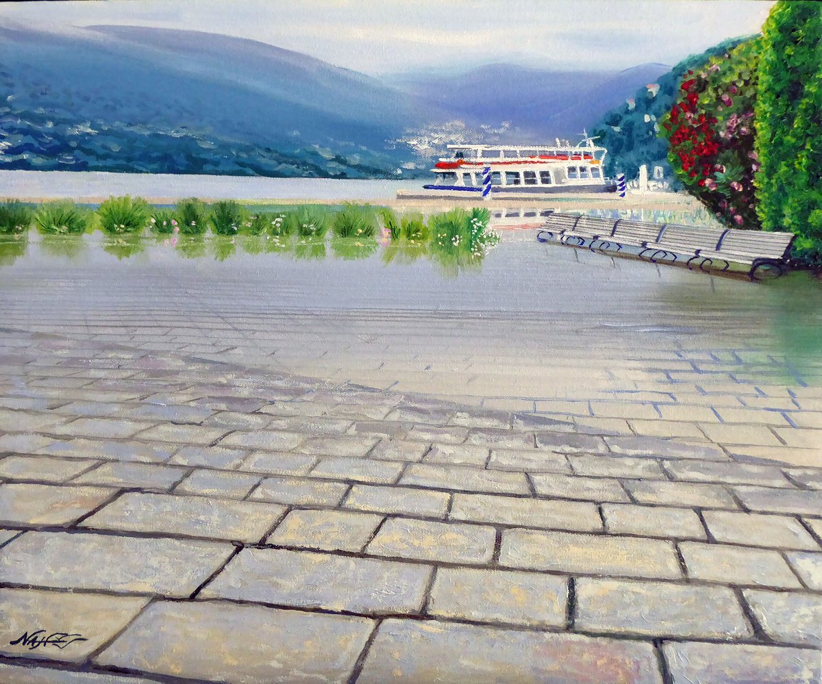 Impressionistic Landscape Oil Painting By Narek Hambardzumyan, 18 X 15", Harbour For Como City On Lake, Original Artwork