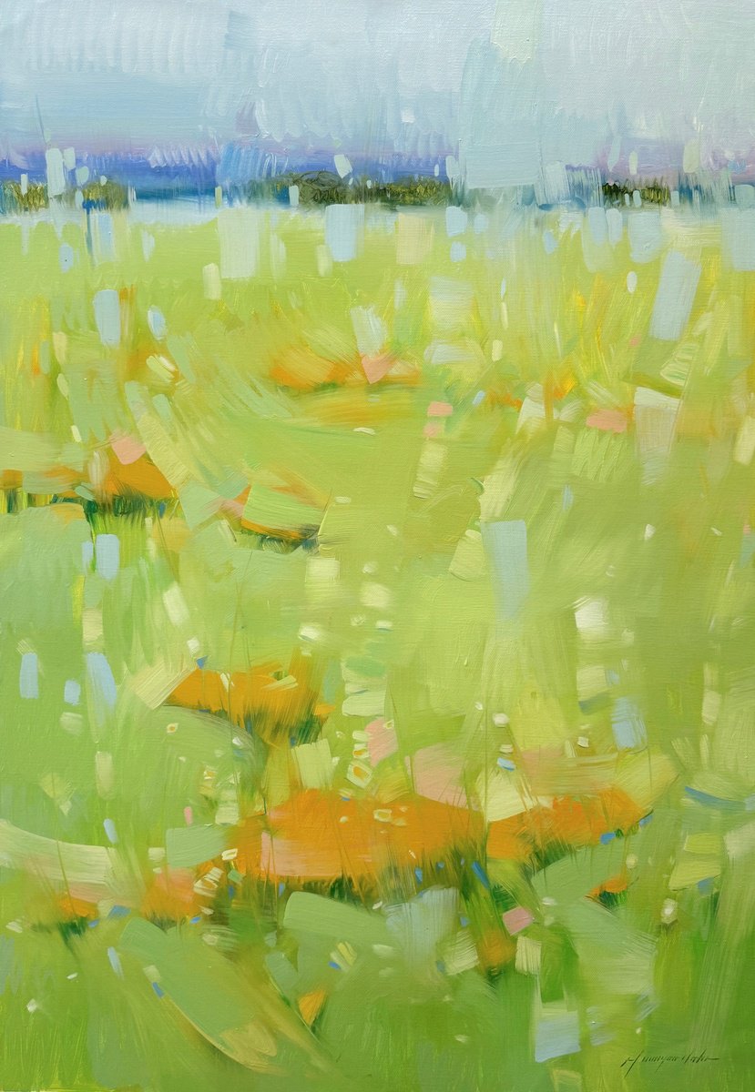 Impressionistic Landscape Oil Painting By Vahe Yeremyan, 30 X 45", Yellow Field, Original Artwork