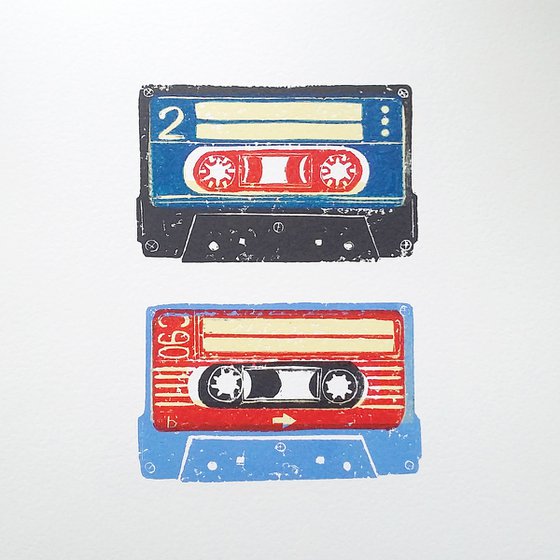 Linocut tapes duo #5 (cassette tapes, retro music, 70's, 80's rock culture)