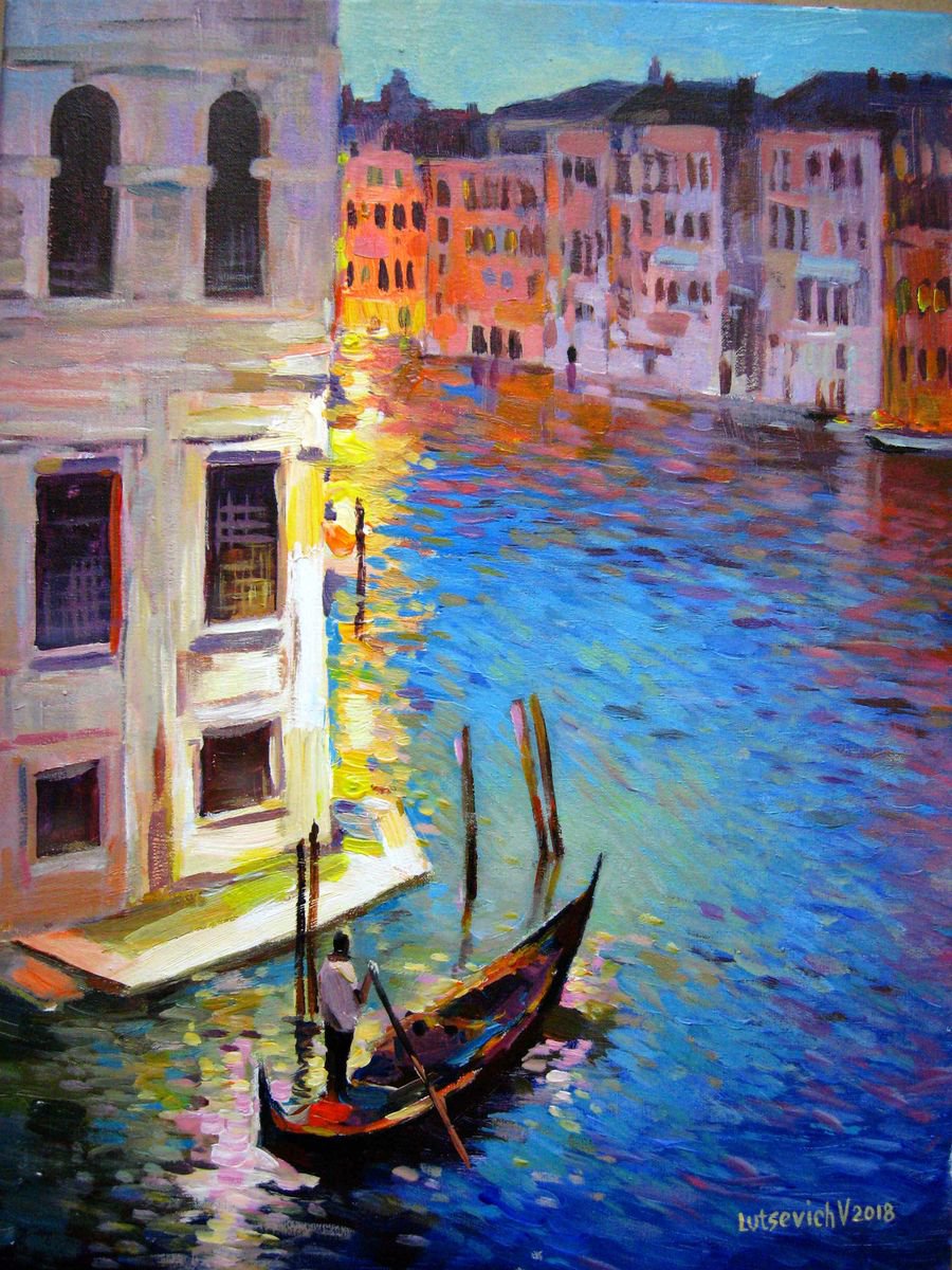 Impressionistic Cityscapes Acrylic Painting By Vladimir Lutsevich, 12 X 16", Evening Lights Of Venice, Original Artwork