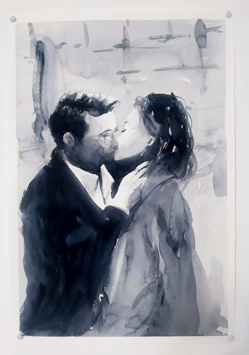 Impressionistic Portrait Watercolour By Flavio Furlan, 13 X 21, Last Kiss, Original Artwork