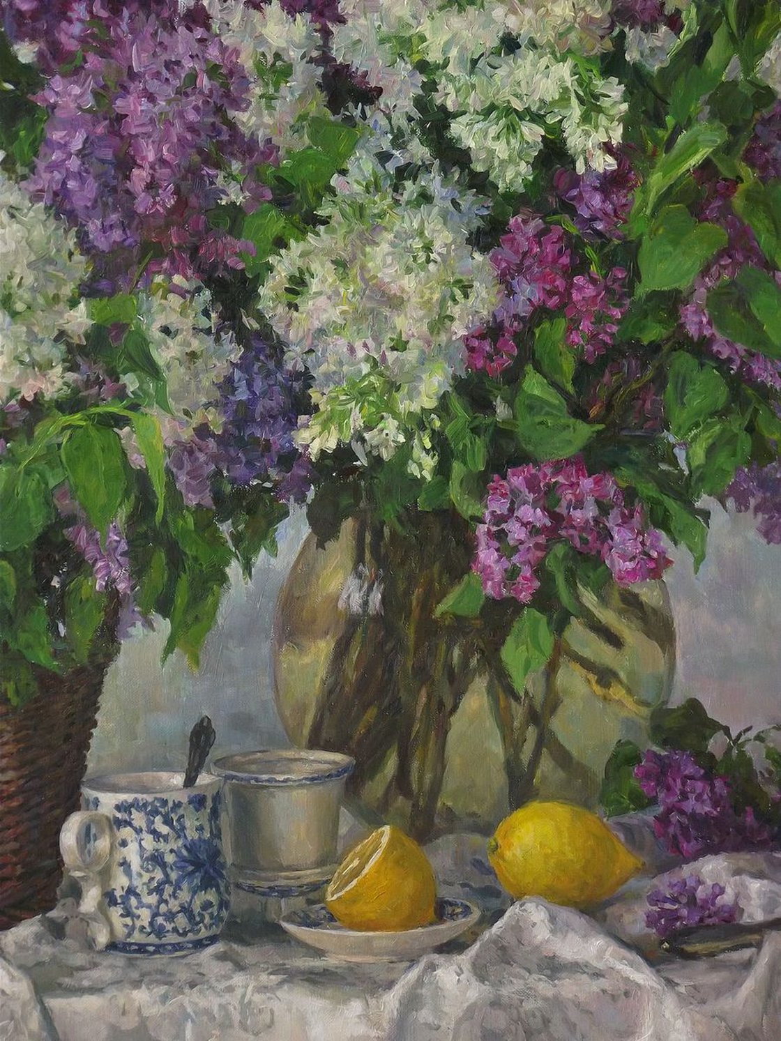 Early 20th Century Oil Painting Flower Still Life with Lilac