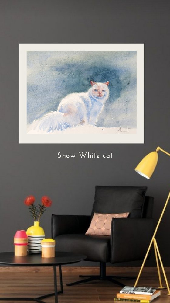 SNOWWHITE CAT  original watercolor 41X31 2021.046