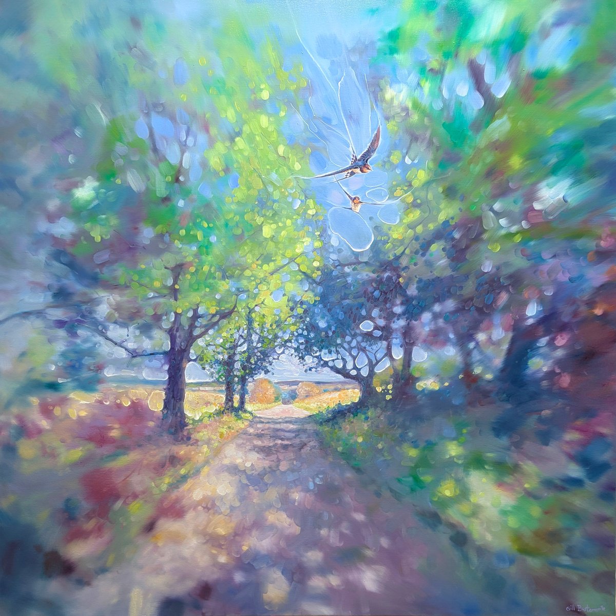 Expressive Landscape Oil Painting By Gill Bustamante, 36 X 36, Farewell Swallows, Original Artwork