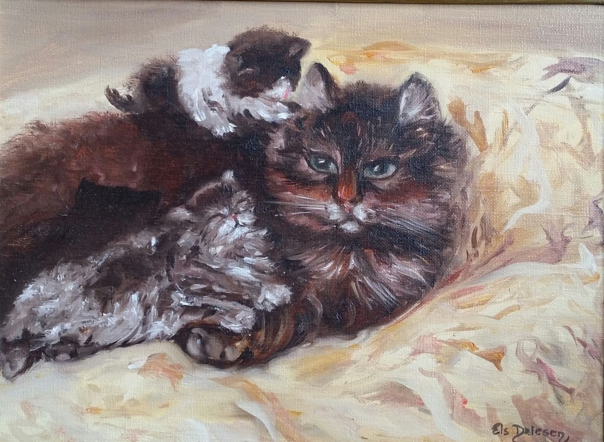 Impressionistic Animal Oil Painting By Els Driesen, 24 X 20, Mother Cat With Kittens, Original Artwork