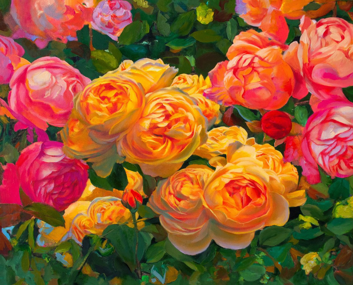 Abstract Botanical Oil Painting By Kolodyazhniy Sergey, 20 X 16", Roses In The Garden, Original Artwork