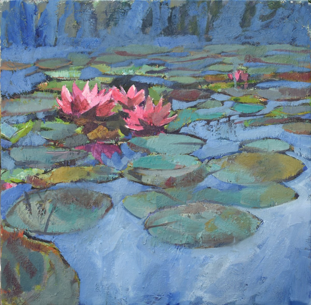Expressive Botanical Acrylic Painting By Goran Zigolic Watercolors, 20 X 20, Water Lilies, Original Artwork