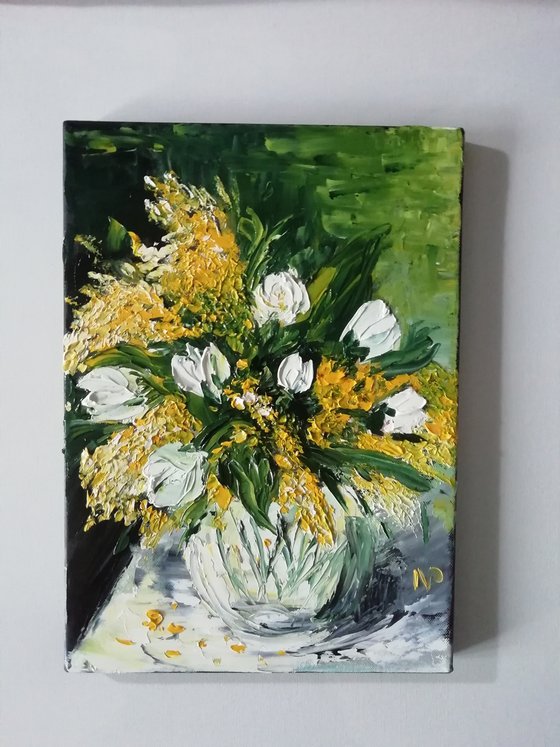 Mimosa, impressionistic floral oil painting, original flowers in vase