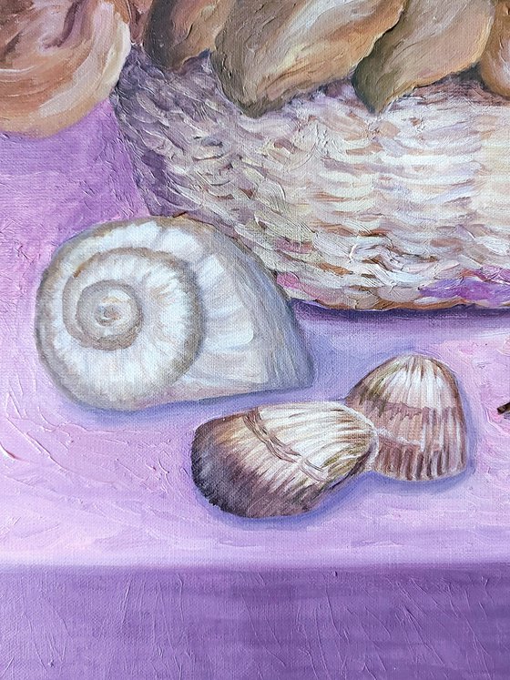Roses, chamomile, lavender and shells. Pink still life.