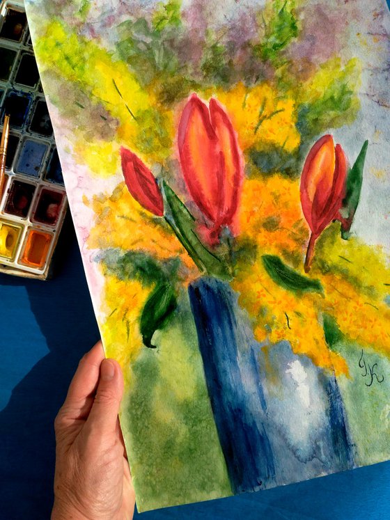 Tulips & Mimosa original watercolor painting