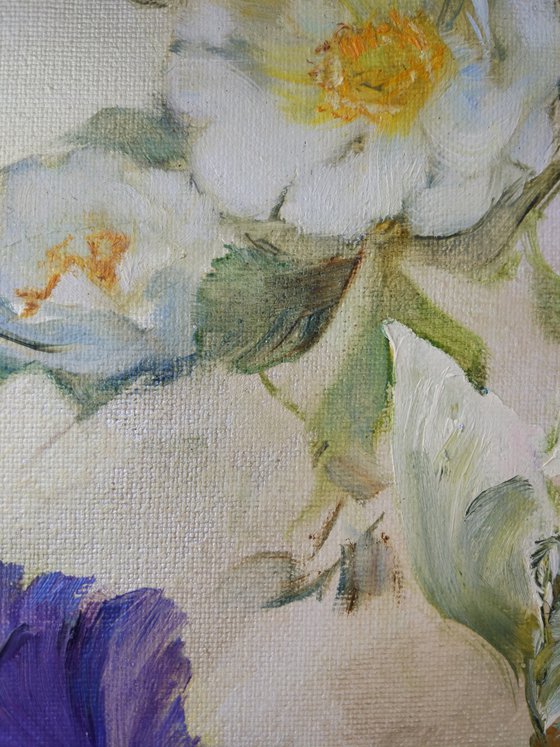 Irises and wild rose on silver. Original oil painting