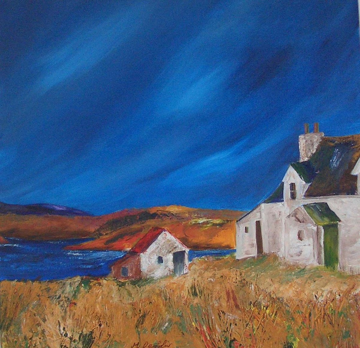 Impressionistic Landscape Acrylic Painting By Margaret Denholm, 16 X 16", Croft At Loch Seaforth, Original Artwork