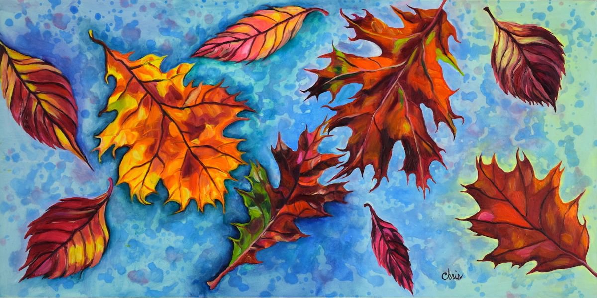 Illustrative Botanical Oil Painting By Christina M Plichta, 31 X 19, Falling Leaves, Original Artwork