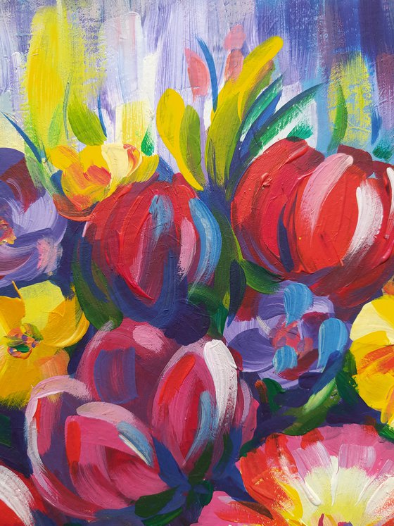 Tulips - flowers, tulips artylic, acrylic painting, bouquet of flowers, still life, bouquet of tulips, flowers in vase