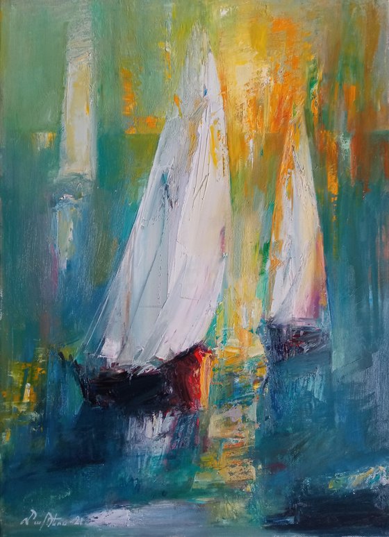 Boats (58x42cm, oil painting, ready to hang, impressionistic)