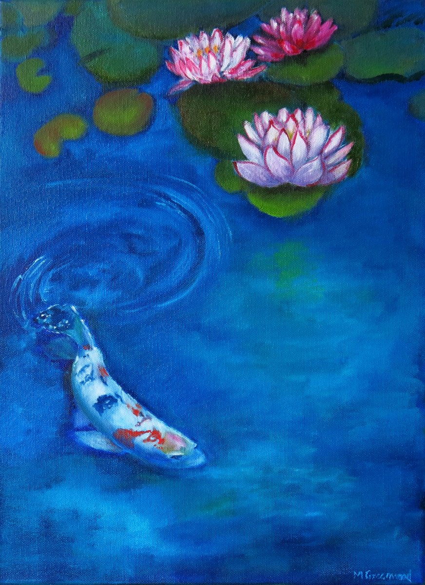 Impressionistic Botanical Oil Painting By Maureen Greenwood, 12 X 16", Koi Fish And Water Lilies, Original Artwork