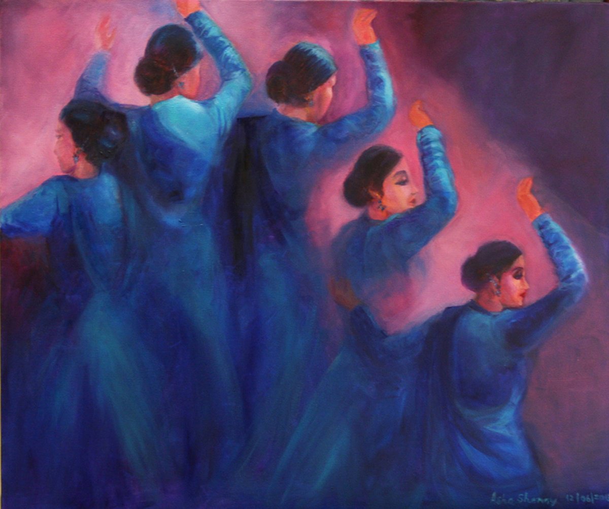 Indian Dancers - Kathak Dancers 24x 30 (Gopis dancing in the dusk) by Asha Shenoy