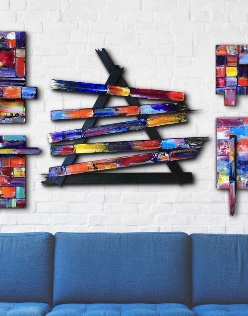 "What's He Building In There?" - FREE USA SHIPPING + Save As A Series - Original Polyptych PMS Mixed Media Sculptural Paintings On Wood and Wood Fragments - 79 x 42 inches by Preston M. Smith (PMS)