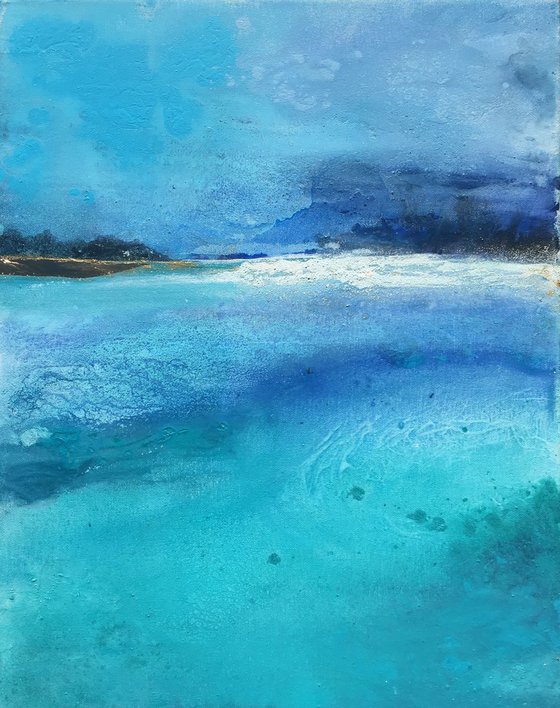 "The end of summer" abstract seascape dreamy atmospheric blues and turquoise with gold leaf