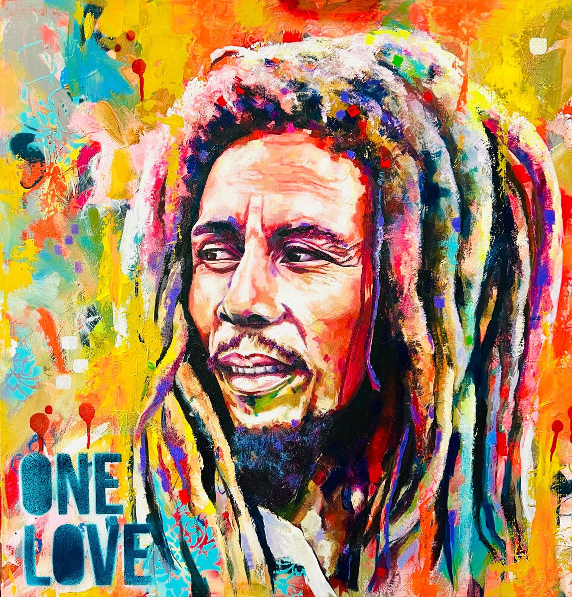 Expressive Portrait Acrylic Painting By Kirsten Todd, 31 X 31", Iconic - Bob Marley, Original Artwork