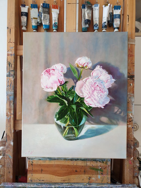 "A bouquet of peonies in a glass vase." still life peony pink summer  white liGHt original painting  GIFT (2020)