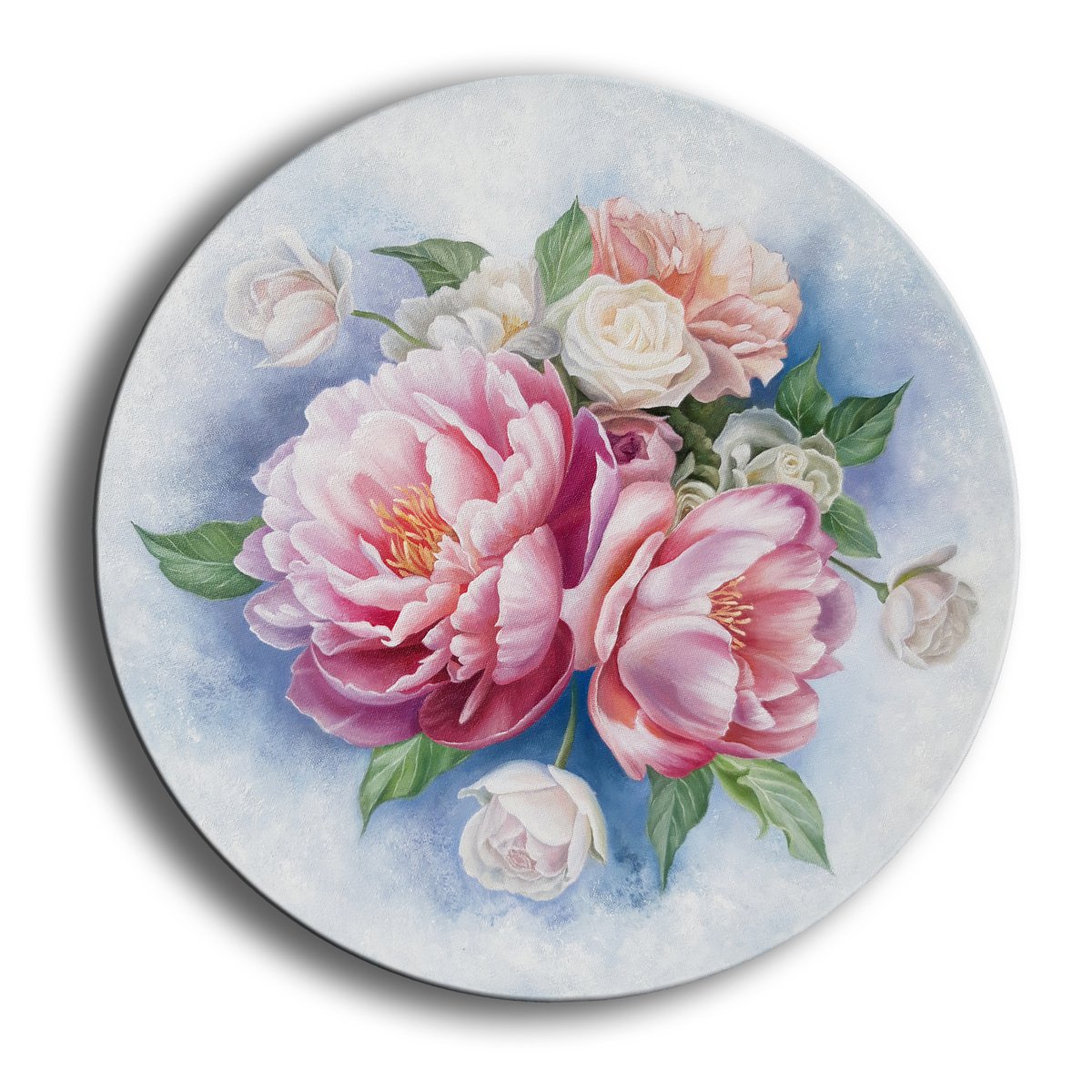 Inspiration, oil circle canvas floral painting, peonies art by Anna Steshenko