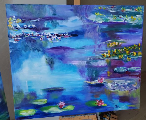 Water Lilies  92 x 76 x 2 cm inspired by Claude Monet  water reflections, purple, turquoise, blue sky