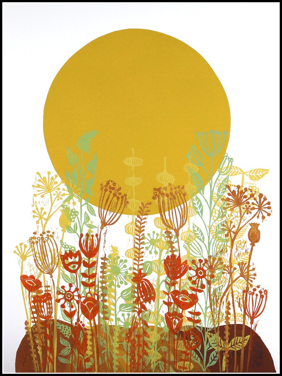 Landscape Linocut By Mariann Johansen-Ellis, 20 X 27", Autumn Harvest, Original Artwork