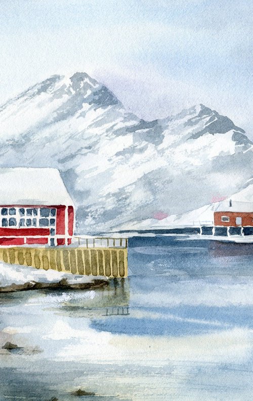 Scandinavian landscape with a red house by the sea. Original watercolor. by Evgeniya Mokeeva