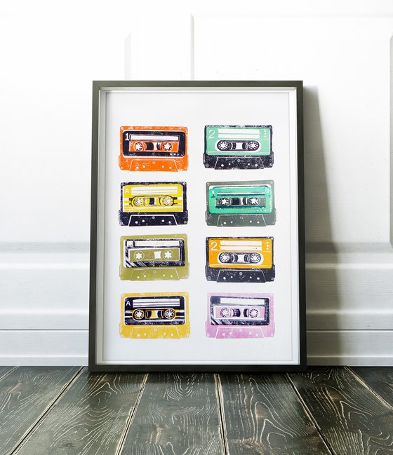 Linocut tapes #1 (cassette tapes, retro music, 70's, 80's rock culture)