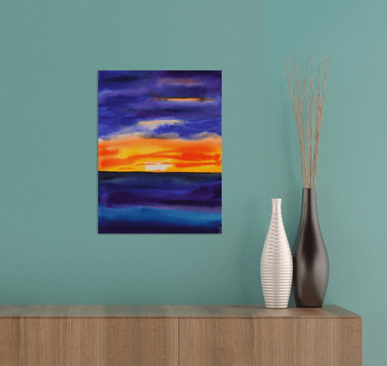 Seascape painting, sunset seaside original watercolor painting, sea ocean wall art