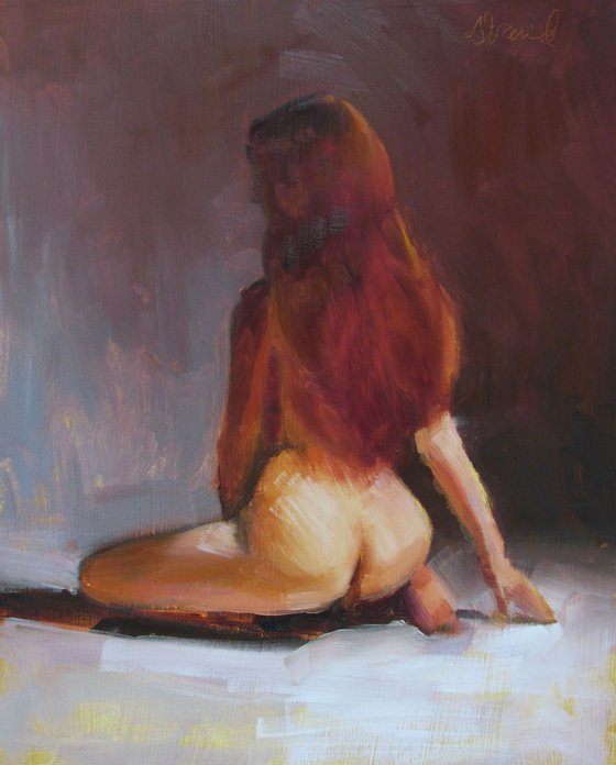 Classical Beauty; Coyness. Nude oil painting.