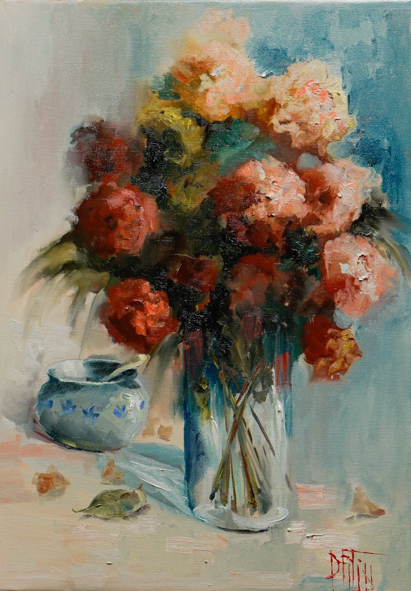 Impressionistic Still Life Oil Painting By Pavel Filin, 15 X 22", Tea Rose1, Original Artwork