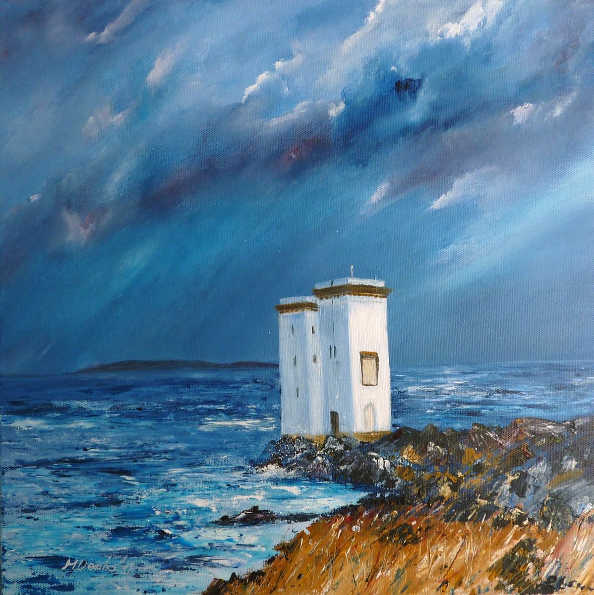 Impressionistic Landscape Acrylic Painting By Margaret Denholm, 16 X 16", Port Ellen Seascape, Original Artwork
