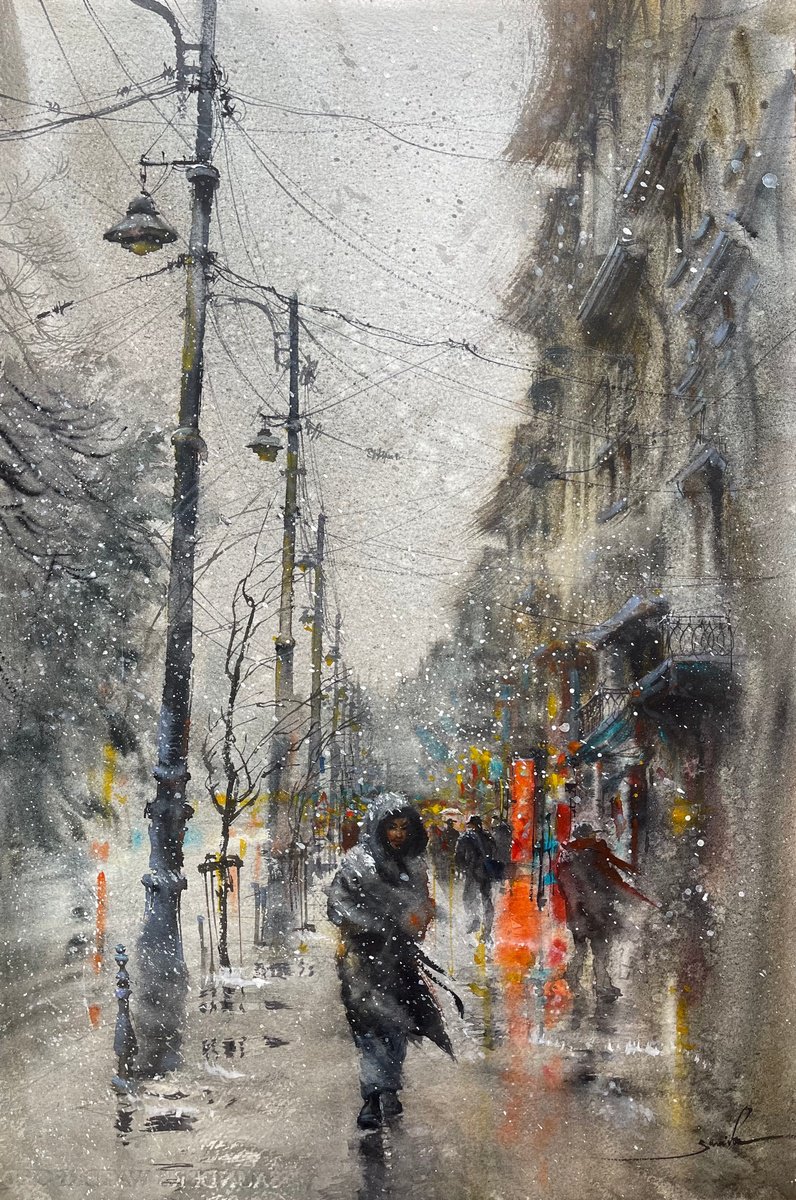 Expressive Cityscapes Watercolour By Samira Yanushkova, 15 X 22", Snowy, Original Artwork