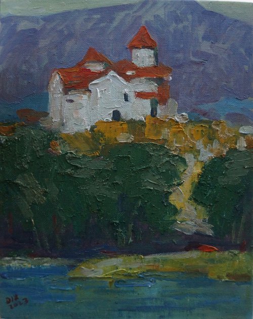 Original Oil Painting Wall Art Signed unframed Hand Made Jixiang Dong Canvas 25cm × 20cm Cityscape Castles on the Danube Small Impressionism Impasto by Jixiang Dong