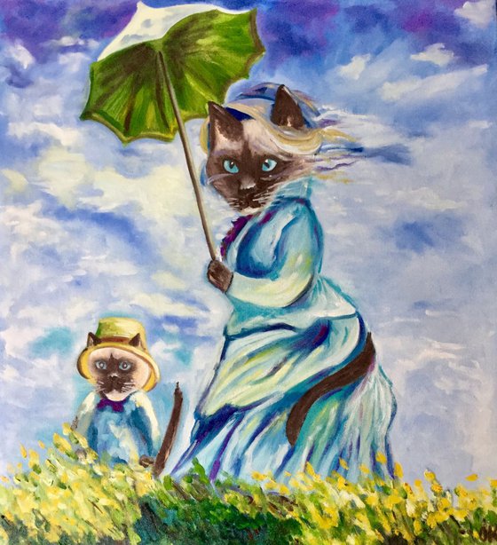 Siamise cats with umbrella. Inspired by Claude Monet. Feline version.