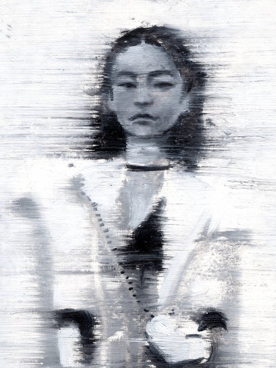 Ling | Black and white Asian woman oil painting on paper beautiful fashion lady in field outside view