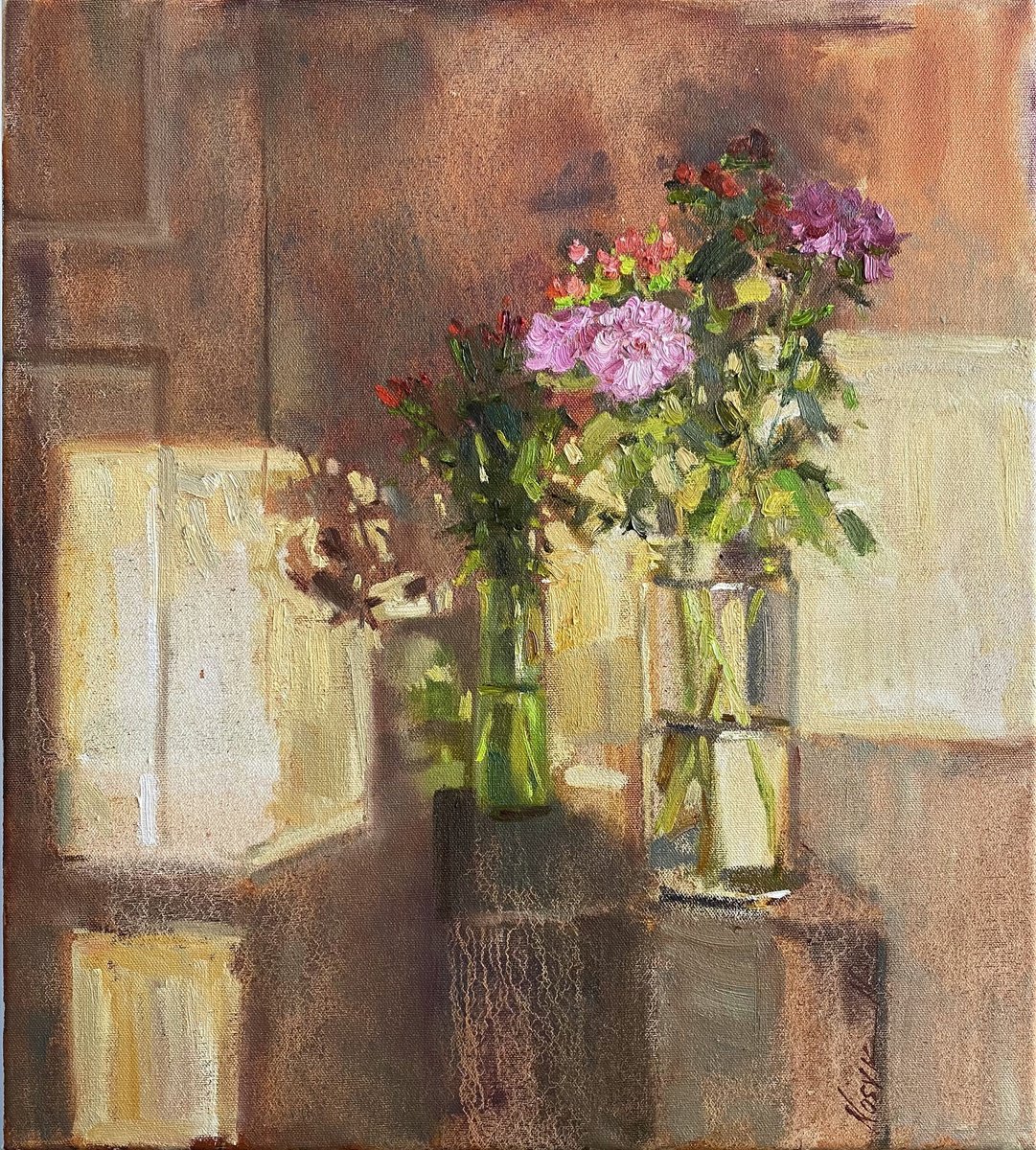 Impressionistic Botanical Oil Painting By Nataliia Nosyk, 18 X 20", Evening Light, Original Artwork